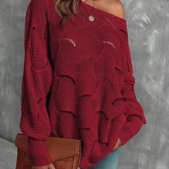 Burgundy Casual Women's Round Neck Drop Shoulder loose knit Sweater - Picture 5 of 7